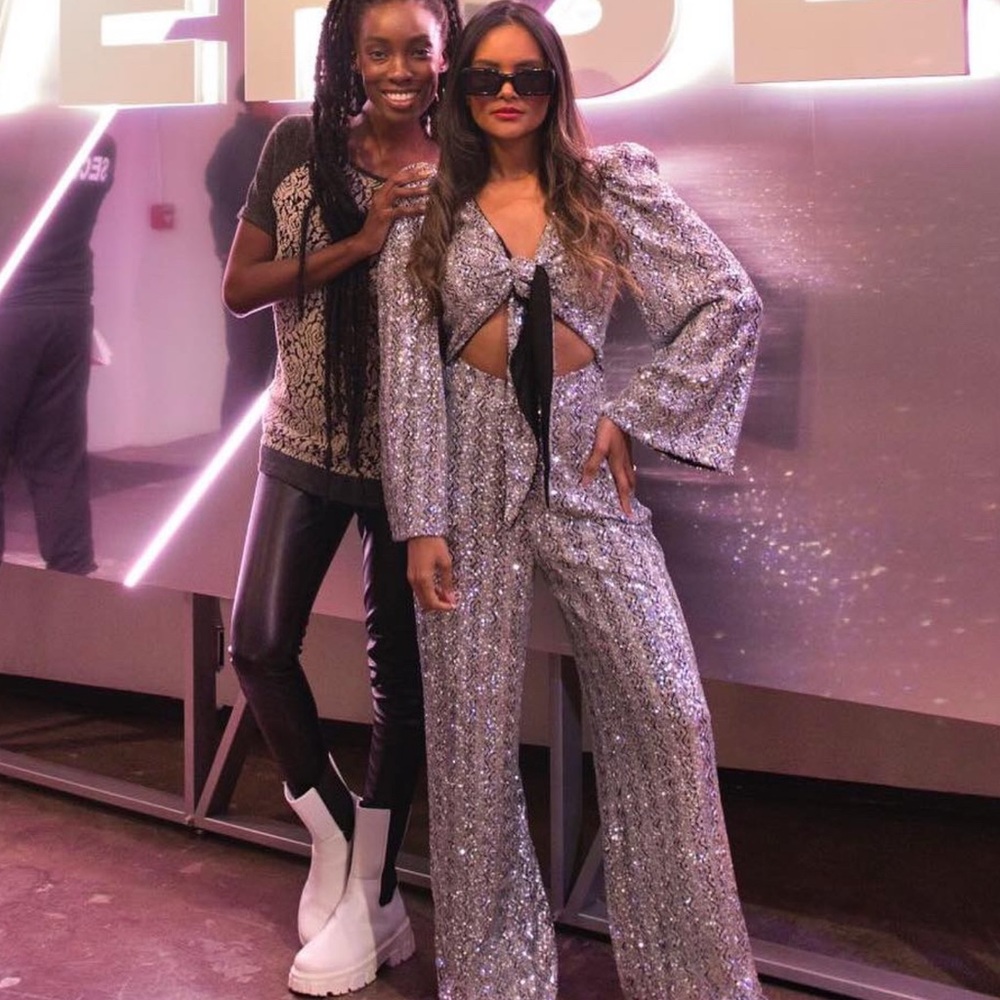 Sparkling grey jumpsuit - Sequined Tie-Front Jumpsuit